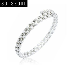 SO SEOUL Quinn Pearl in White Double Row Austrian Crystal Circle Spiral Adjustable Open-End Bangle