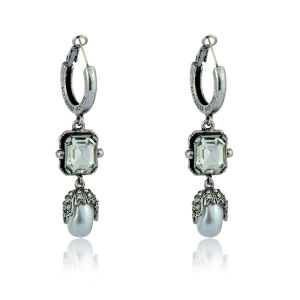 Kemstone S925 Silver Post Antique Gold and Silver Crystal with Pearl Hoop Drop Earrings for Women