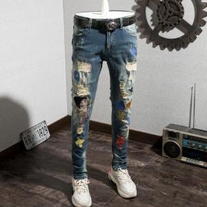 Mens Slim Ripped Jeans Colorful Embroidery Patched Street Fashion Cool Rock DJ Night Club Denim Pants