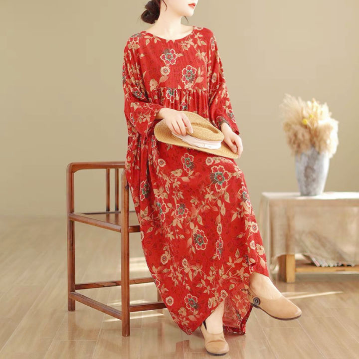 Dress For Middle Aged Woman's Clothing One-Piece Floral Retro Maxi Dress  oversize Loose Hem L2248 | Lazada PH