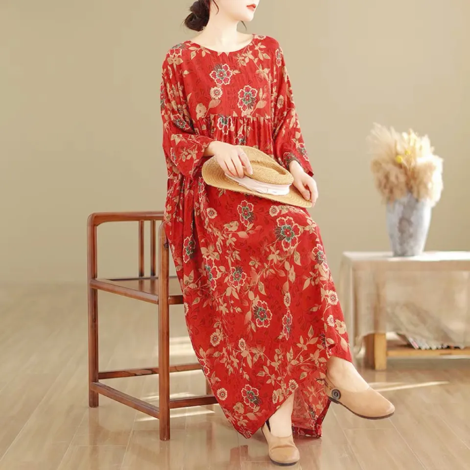 Dress For Middle Aged Woman's Clothing One-Piece Floral Retro Maxi Dress  oversize Loose Hem L2248 | Lazada PH