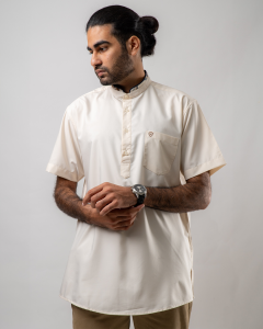 Makhtab Kurta Pria Dewasa Lengan Pendek Hitam | Syuhada Off white