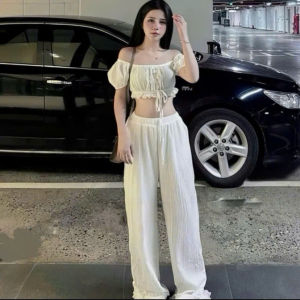 Set đồ nữ đẹp set cá tính du lịch hè áo trễ vai croptop Đũi Vân Mây 2 lớp mix quần dài phối bèo