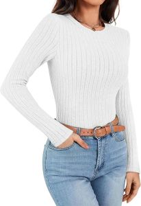 Ekouaer  Womens Long Sleeve Ribbed Shirt Fashion Slim Fit Top Warm Brushed Round Neck Soft Wool Basic Layered