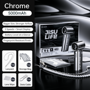JISULIFE Handheld Fan Life9S Chrome Gift-boxed Limited Edition Silver Electroplated Finish Stylish Pearl Lanyard 5-Speed Jet Fan Strong Wind for Travel Outdoor