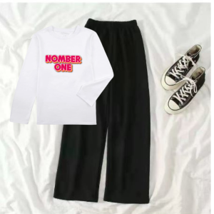 JOY Setelan Wanita Remaja Atasan Kaos Lengan Panjang Dan Celana Panjang Nomber One