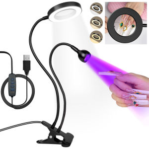 2 In 1 Double Head LED UV Nail Lamp 5X Magnifier Desk Light With Clamp Flexible Gooseneck USB Powered Magnifying Glass Gel Polish Flash Cure Light Lamps