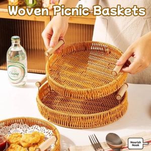 Woven Picnic Baskets with Wooden Handle Bread Fruit Snacks Tray Table Decor