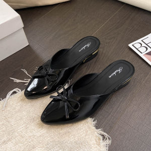 [Free Shipping] Summer Bowknot Wedge Mules Closed-Toe Half Slippers for Women Elegant Shallow Pointed-Toe Outdoor Sandals