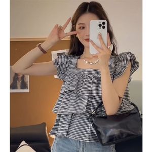 IELGY French Flying Sleeve Short Sleeve Shirt Summer New Square Collar Vest Design Sense Ruffled Short Top2026