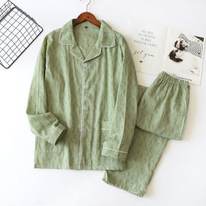 Men Japan Style 100% Cotton Gauze Pajamas Set Long Sleeve Long Pants Breathable Soft Homewear Sleepwear