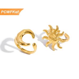 【PCWFKef】 Tối Giản Cổ Điển Màu Vàng Mạ Sao Trăng Mở Nhẫn Thiết Kế Không Thấm Nước Thép Không Gỉ Đồ Trang Sức Quà Tặng