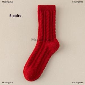 [COD] Modingdue 6 Pairs Winter New Year Velvet Socks With Red White Stripes For Women Mid Tube Socks Girls Warm Plush Red Socks Christmas Gift