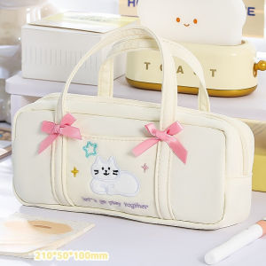 Cute Pencil Case Korean Aesthetic Bow Cat Handheld Embroidery Makeup Bag Large Capacity Pencil Box Stationery Bag
