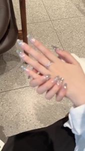 100% HANDMADE Artificial Nail Gray-blue Diamond Gradient Cats eye Phototherapy Fake Nail Patch Press on Nails Reusable With Free Glue