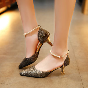 [Free Shipping] Womens Closed-Toe Sandals Spring 2025 New Korean Style Versatile One-Strap Pearl Pointed Toe Thin Heel Suede High Heel Shoes