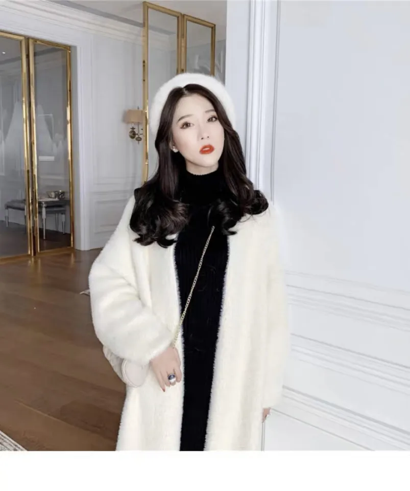 Áo khoác lông cừu cổ bẻ kèm váy body tăm len mặc trong, Set váy đen cổ cao  mix áo lông trắng túi hộp, LAMASS | Shopee Việt Nam