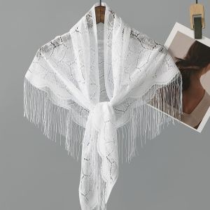 MAOMEI Polyester Lace Hollow Scarf Pure Color Embroidery Tassel Triangle Shawl Bridal Transparent Mesh Scarves Church