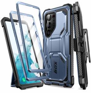 i-Blason Armorbox Designed for Samsung Galaxy S23 Ultra Case with Kickstand Belt Clip 2 Front Frames Full Body Rugged Bumper Case with Built-in Screen Protector [Support Fingerprint ID]