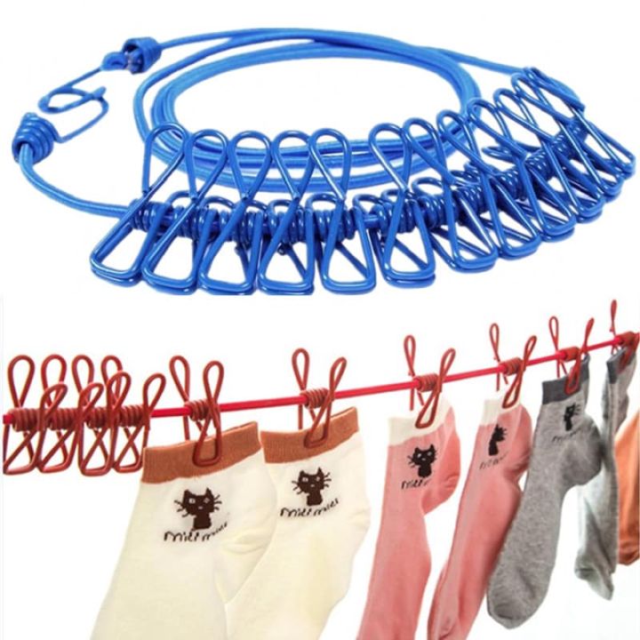 Cloth Drying Rope with Hooks - Pack of 2  Elastic Hanging Clothesline with  12 Clips