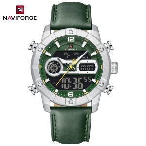 NAVIFORCE Original Fashion Watch for Men Dual Time Luminous Hands Quartz Movement Digital LCD Display Calendar Date Night Pattern Leather Strap Waterproof 30m Men Casual Business Fashion Watch Gift NF9263