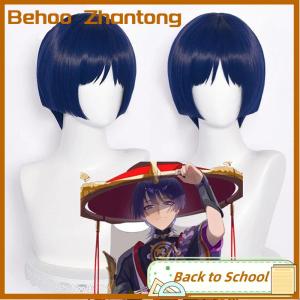 Behoo Genshin tác động cosplay scaramouche tóc giả màu xanh tóc giả Cosplay Anime tóc giả Halloween tóc giả