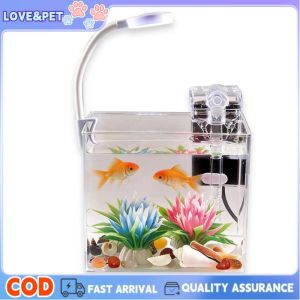 Transparent Fish Bowl Aquarium Fish Tank with Led Clamp Light Desktop Decor Goldfish Tank