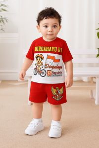 Setelan Baju Merah Putih Anak Motif Sepeda Bahan Katun Ready Usia Anak 3 Bulan-10 Tahun