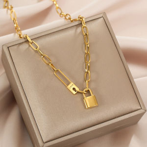 AE European and American street style retro hip-hop high-end lock pendant necklace for women ins Tide K Gold minimalist collarbone necklace for women