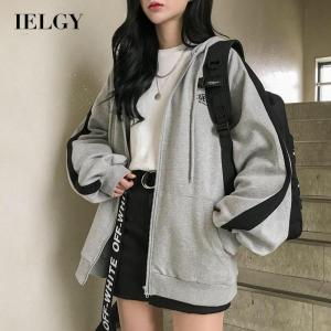 IELGY Womens clothes sweater plus velvet letters casual zipper all-match Korean version hood fashion