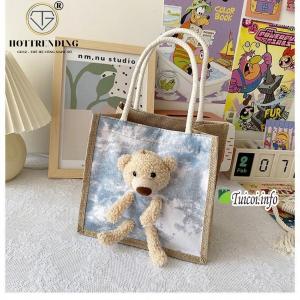 Túi cói nữ hình gấu bông thời trang Hàn Quốc dễ thương phong cách Vintage Trùm Sỉ Gia Thành