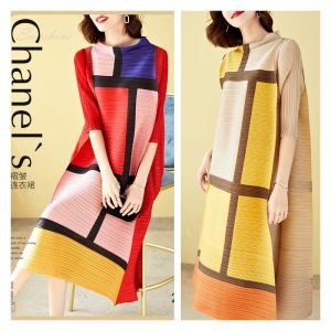 NOVA quality⭐Miyake pleatedcontrast color fashion dress women ⭐ summer new style casual stitching long plus size long skirt