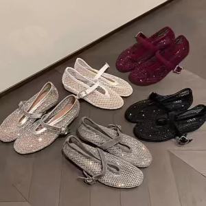 Spot Goods ~~ Starry Sky Ballet Shoes ~ Womens Height-Increasing Rhinestone Mesh Flat Mary Jane Shoes Breathable Sandals