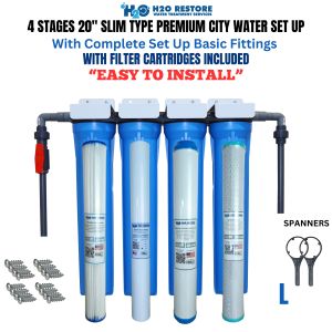 Water Filtration System Top Selling 4 Stages 20" Slim Type City Water Premium Set Up Complete Set with Gray UPVC Fittings with 1 Washable Filter 1 Sediment Filters and 1 Carbon Block 1 Disposable Granulated Carbon Different Variation
