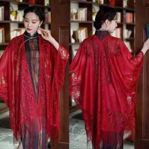 JAYQQ Pure Color Lace Cardigan Long Cloak Thin Cotton Linen Hollow Out Shawl Elegant Crocheted Openwork Beach Scarf Spring Summer