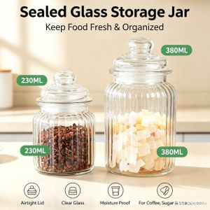 230ML 380ML Vertical Striped Airtight Glass Storage Jar Sealed Canister for Spice Sugar Cookie Cereal Kitchen Food Organizer