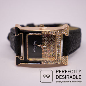 Womens Fashionable Gold H Style Business And Casual Quartz Watch. Gold Casing Diamond And Enamel.