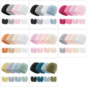 4 Set Solid Color Baby Hat Windproof Infant Bonnet Caps Newborns Bonnet with Matching Anti-scratch Gloves for Boys Girls