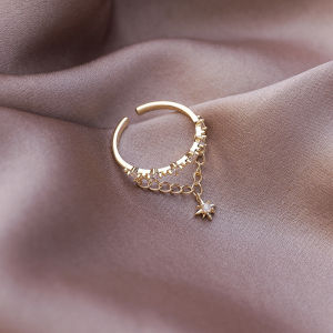 Korean Style Tassel Chain Star Ring For Women Double Opening Zircon Diamond Ring Girl Elegant Ladies Jewelry