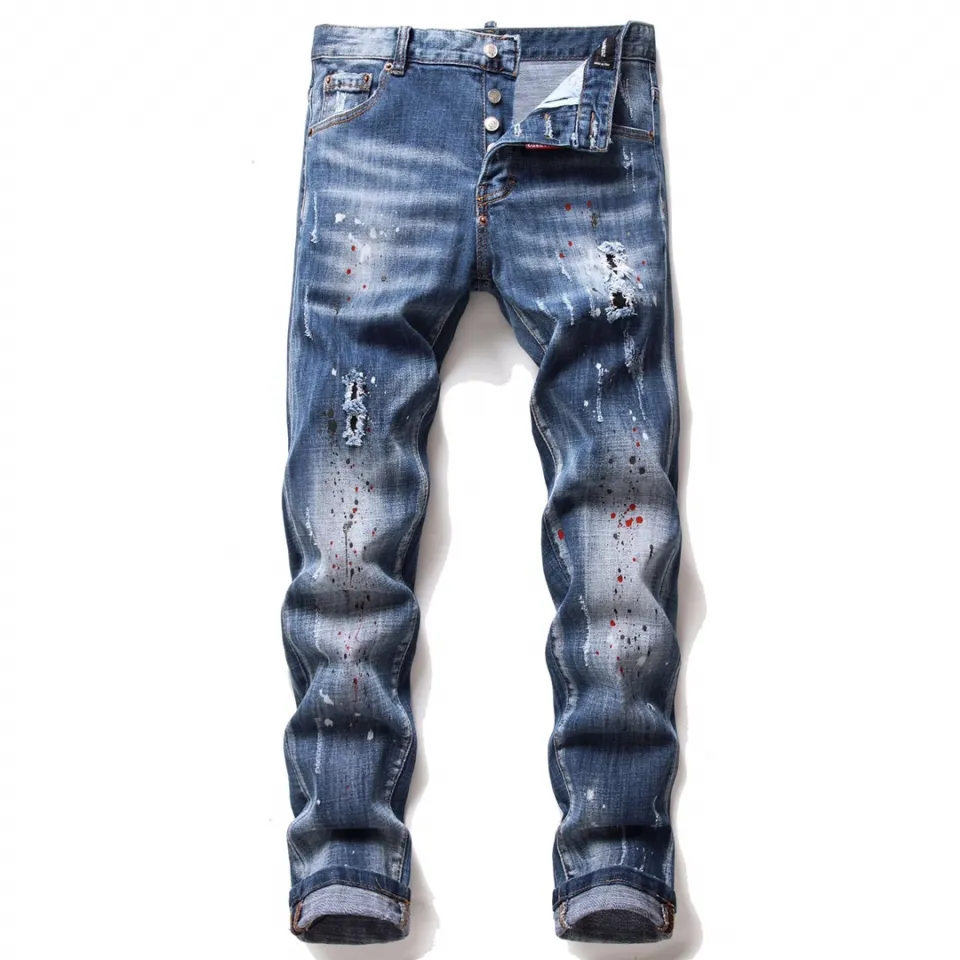 Dsquared2 Brand Mens Jeans Mens Trend Casual Slim Hole Denim Pants Vintage  Embroidey Hip HOP Elastic Denim Trousers For Men