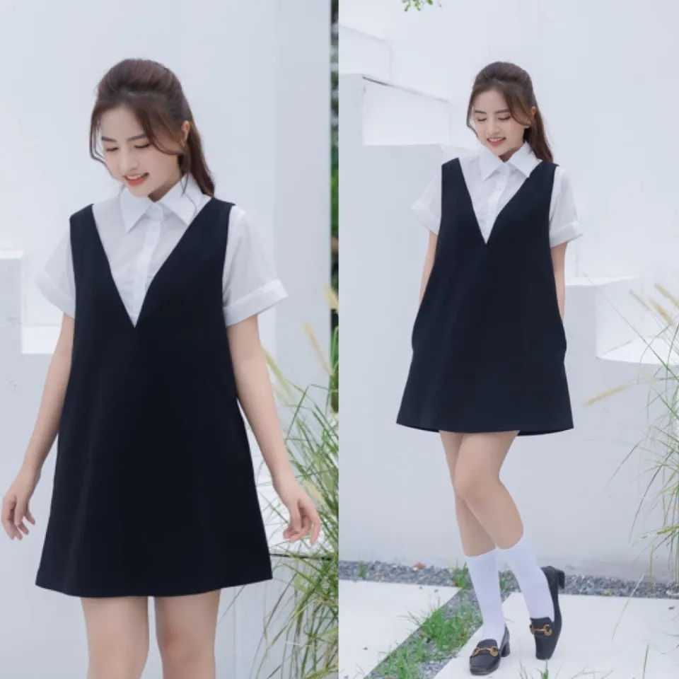 Sét Váy Yếm Đen Kèm Áo Sơ Mi Tiểu Thư, Sét Yếm Ulzzang Hàn Quốc | Lazada.vn