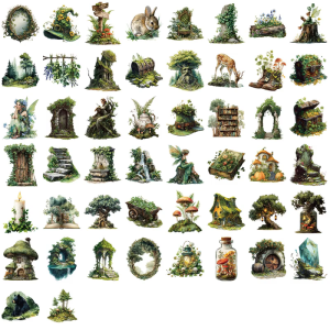 PVC Green Forest Cartoon Stickers 50Sheets Waterproof UVs Resistant Decals For Outdoor Electronic Use