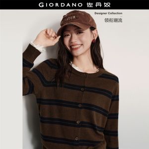 Giordano Women Striped crewneck cardigan Free Shipping 18356914