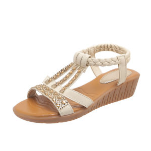 [Free Shipping] Plus-Size WomenS Thick-Soled Sandals Featuring A Colorful Bohemian Design Rhinestone Embellishments And A Wedge Heel Perfect For The Beach