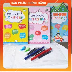 Bộ 3 cuốn vở viết tự xóa Thanh Nga: luyện nét cơ bản luyện chữ số đẹp kèm bút ngòi và đệm tay bút cho bé Rio Store