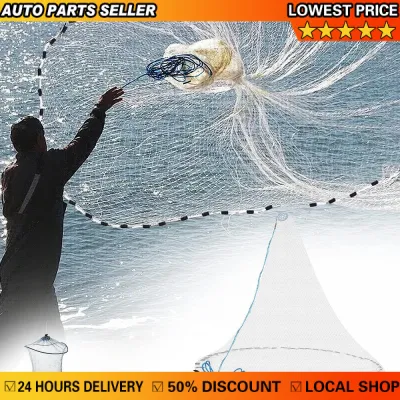 8Ft 2.4M Fishing Net Bait Easy Throw Hand Cast 3/4 inch Strong Nylon Mesh Saltwater Fishing Cast Net 3ft Radius with Heavy Duty Zinc Sinker & Aluminum Disc For Bait Fish with Fish Shrimp Baske【Original+24hours delivery】COD