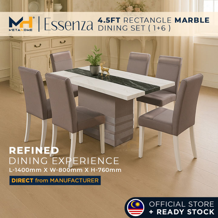 Set Meja Makan MetaHome ESSENZA 4.5FT Rectangle Marble Dining Set Table + 8 Chairs Package Home Furniture