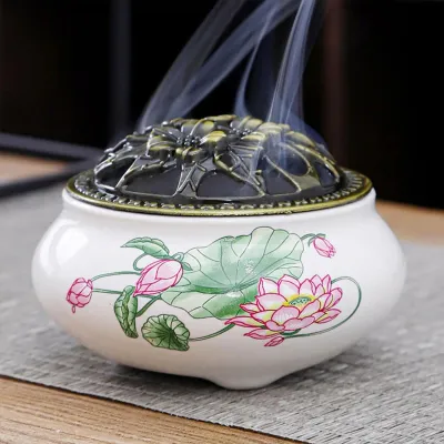 FRKAKALE Lư Xông Trầm Hương Gốm Sứ Thủ Công Kèm Miếng Lót Chống Cháy Bộ Đỉnh Đốt Nhang Nụ Thư Giãn Decor Bàn Làm Việc Phòng Khách Phụ Kiện Trà Đạo Sang Trọng Quà Tặng Tân Gia Ý Nghĩa Đồ Trang Trí Nội Thất Hiện Đại Mẫu Hoa Sen Trắng Và Tử Sa