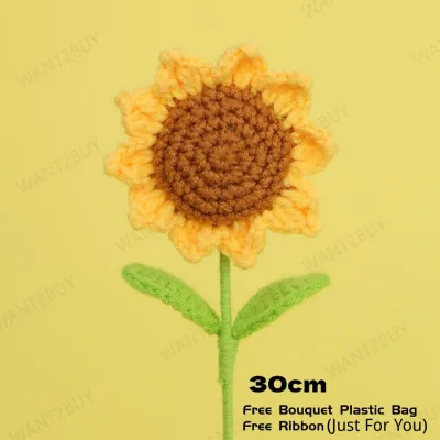 Crochet Sulam Crown Rose Flower Bunga Wool Hand Knitted Finished Bouquet Mother Graduation Teacher Day Gift 玫瑰花针织仿真花