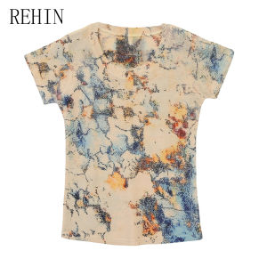 REHIN เสื้อยืดแขนสั้นลายไม่เหมือนใครแฟชั่นใหม่ฤดูร้อนเข้ารูปพอดีคอกลม S-3XL ผู้หญิง